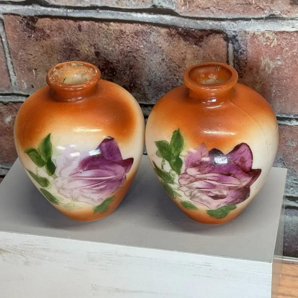 Set of 2 Antique 1900-1920's Fostoria Milk Glass Bulbous Vases Hand-Painted Rose